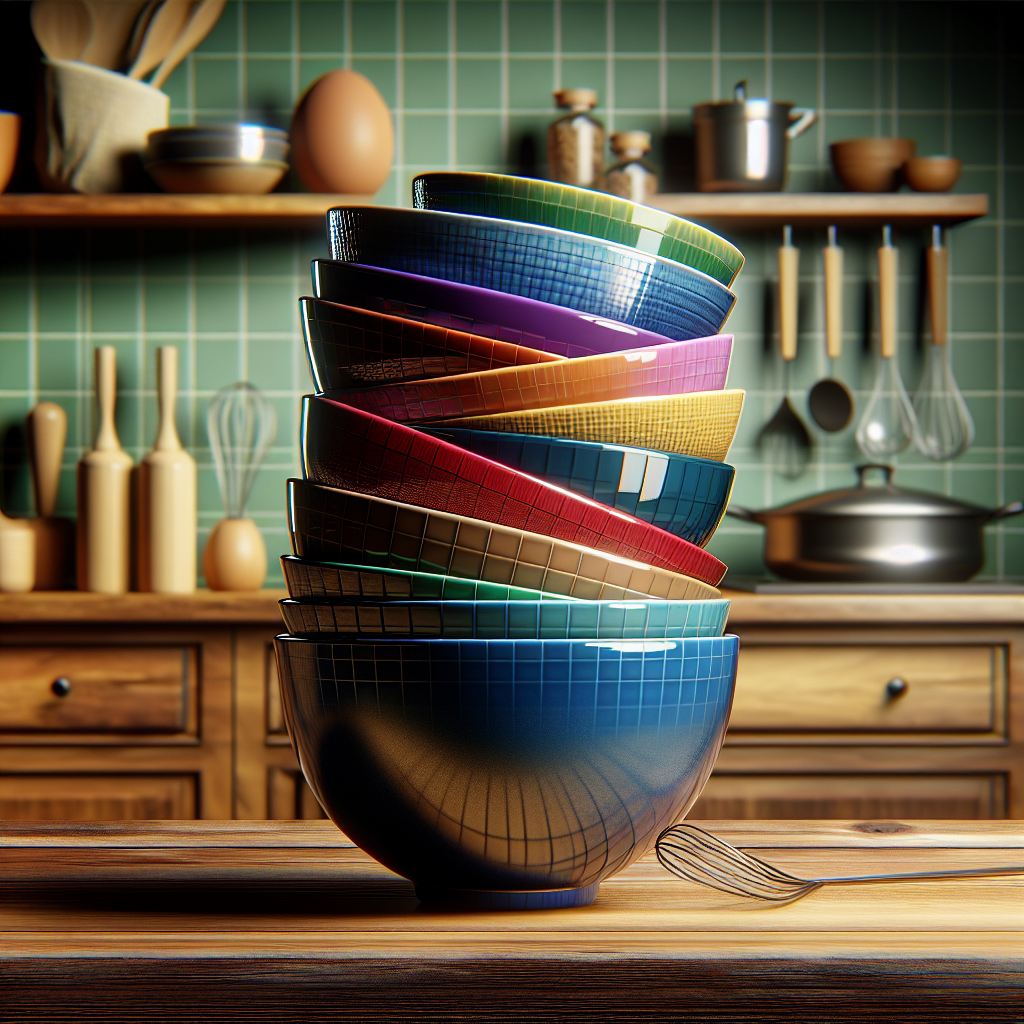A set of colorful mixing bowls stacked together